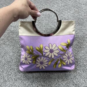 Della Q Top Handle Bag Womens Small Purple Silk Floral Embroidered Ring Evening